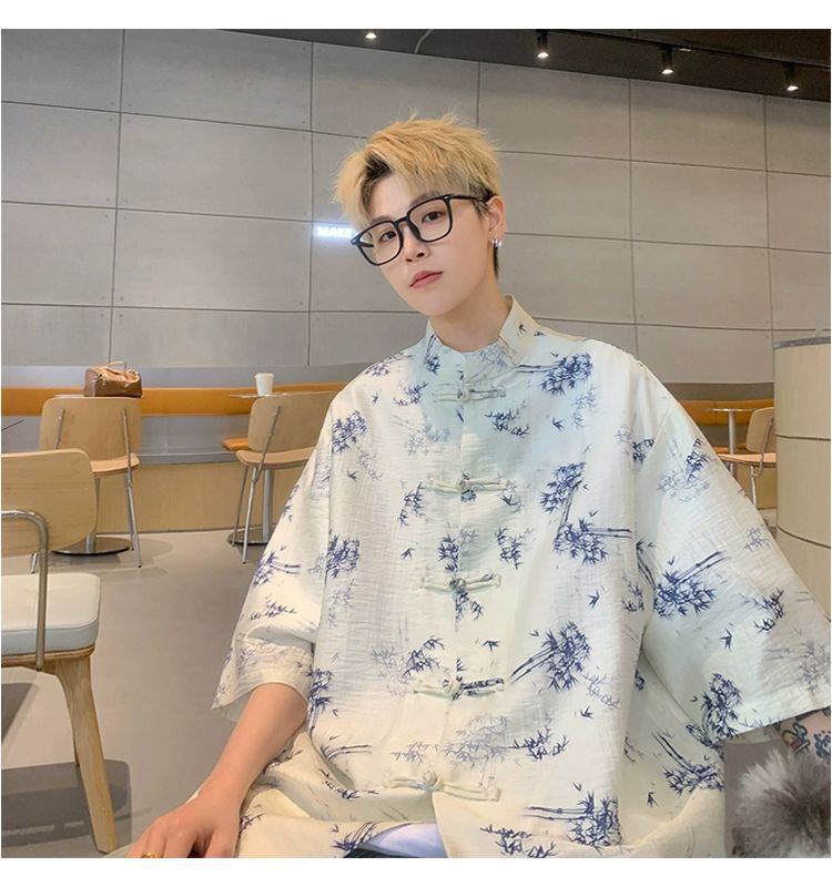 国潮青少年中国风竹子免烫处理短袖衬衫男夏季新中式盘扣潮流宽松半袖详情11