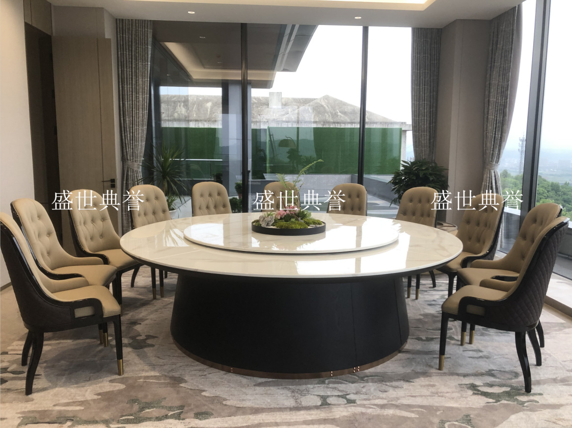 Solid wood furniture for five-star hotels in Hangzhou, seafood style, marble electric dining table, high-end club, light luxury large round table pic 13