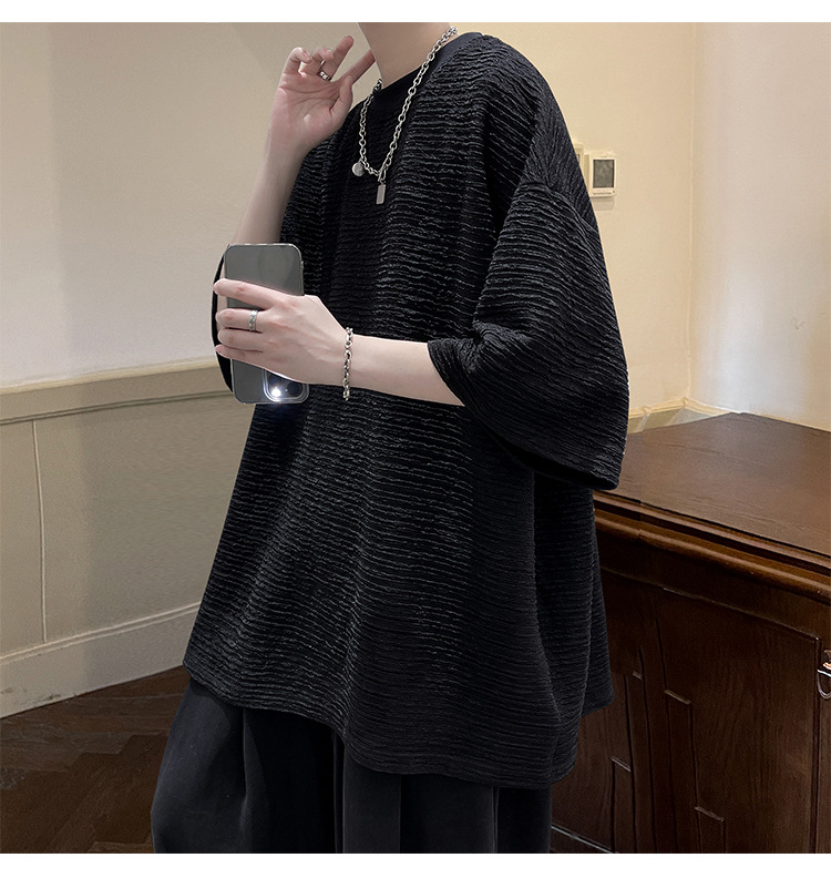 Hong Kong-style three-dimensional horizontal stripe, Chanel style, off-the-shoulder loose, men's 5-inch large size, versatile half-sleeved, ins Korean style short sleeved pic 8