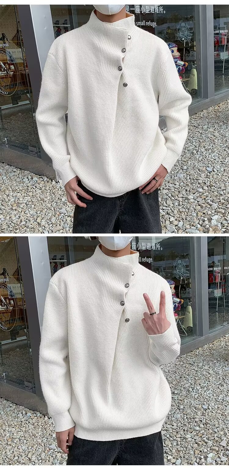 A high-neck sweater with an irregular button design, a stylish and laid-back oversized knitted top from a Korean streetwear brand pic 20