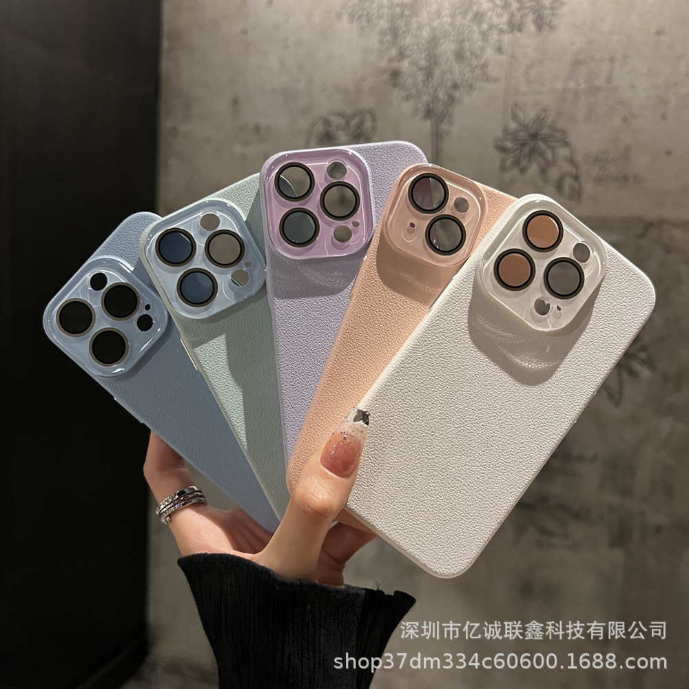Lychee pattern solid color suitable for iPhone 15plus phone case iPhone14 Pro Max crystal lens film 13 matte pic 14