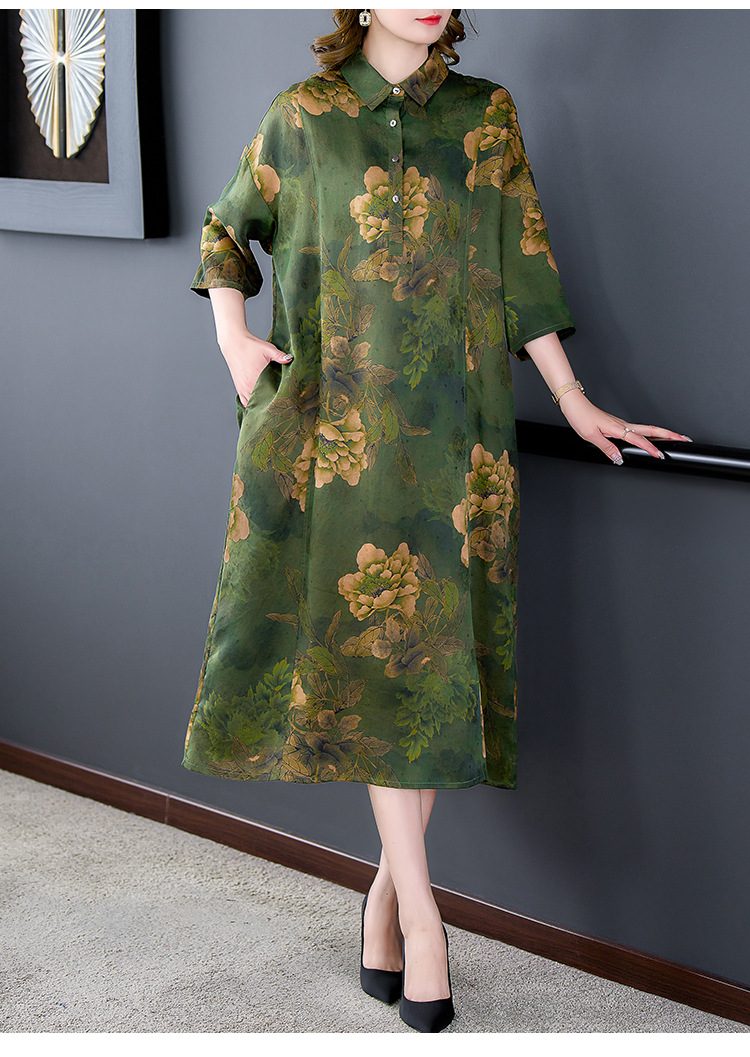 高端大牌香云纱袍子长款中长袖秋季新款大牌真丝连衣裙妈妈装详情16