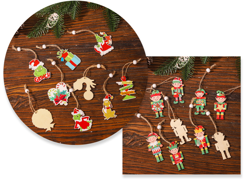 Cross-border new Christmas 18pcs wooden nine-grid pendant, Elf Grimm Gingerbread Man figurine Mahjong decoration, unique and creative wooden pendant pic 8