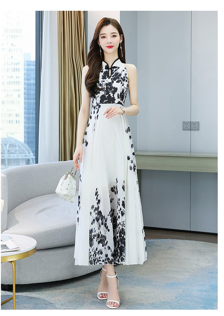 改良旗袍连衣裙女2022夏季新款时尚洋气削肩年轻款中国风水墨印花详情35