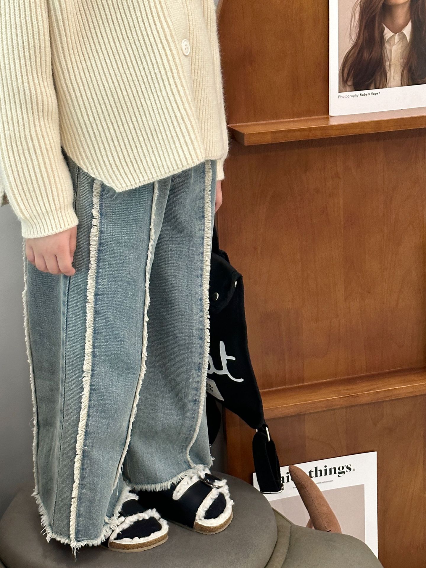 女童秋装套装2023新款元气女孩毛纱外套洋气时髦儿童牛仔阔腿裤潮详情22