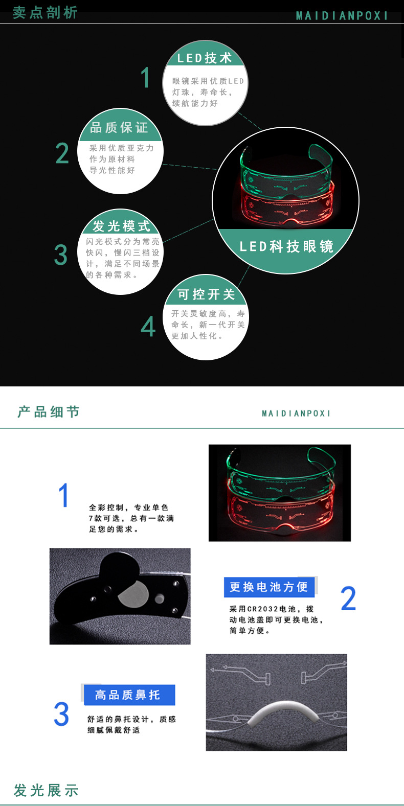 亚马逊LED灯发光眼镜潮未来科技感抖音同款酒吧蹦迪爆闪充电眼镜详情12