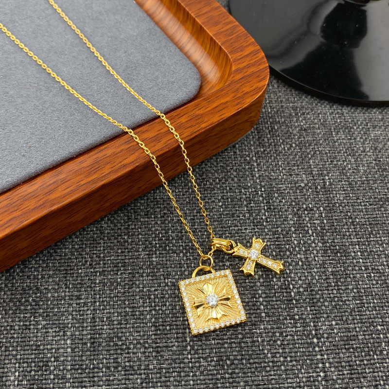 S925银十字花吊坠几何方形项链微镶轻奢电镀真白金颈链气质锁骨链详情20