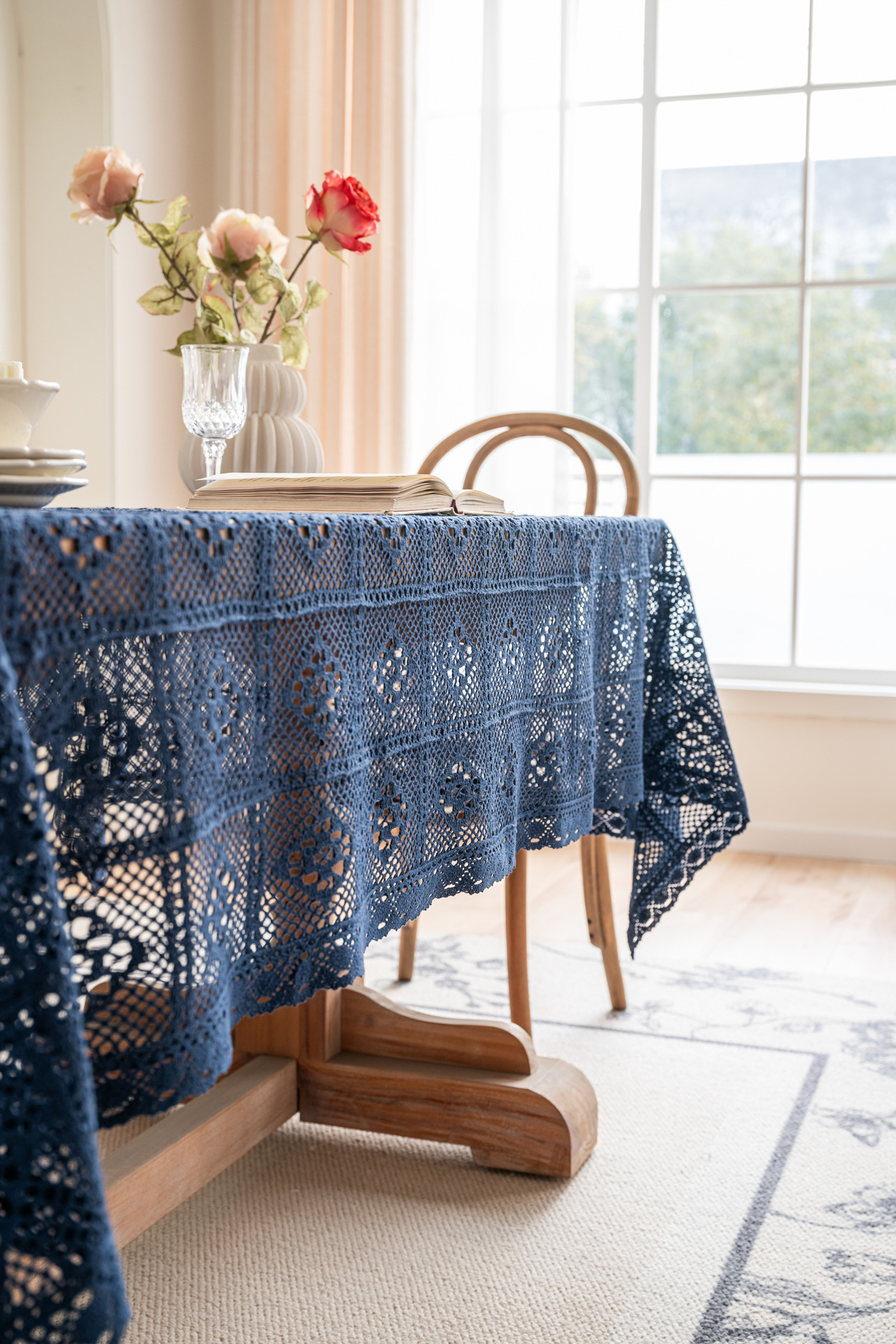 Cross-border hollowed-out hidden deep blue tablecloth, retro crochet photo art book, personalized cotton thread woven tablecloth cover pic 21