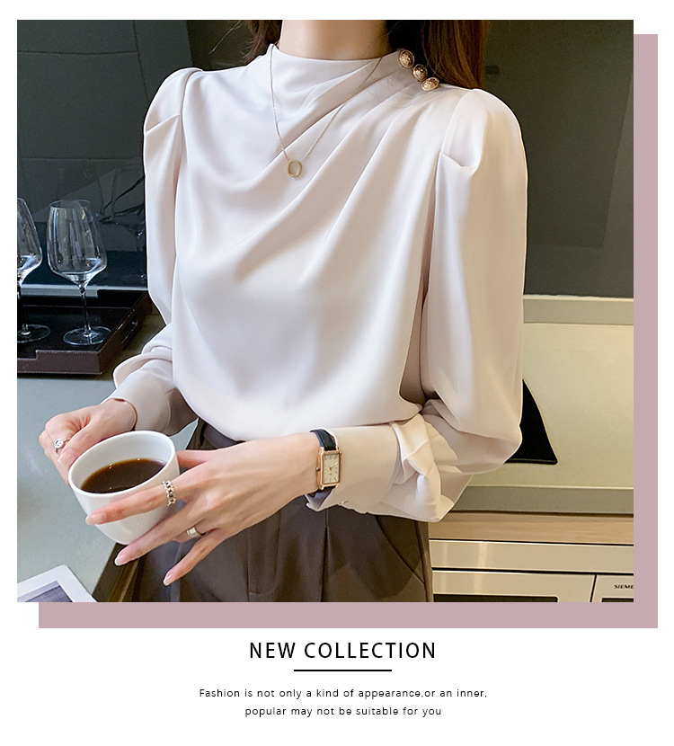 外贸供货2023轻熟气质立领褶皱灯笼袖时尚长袖上衣宽松女士衬衫详情28