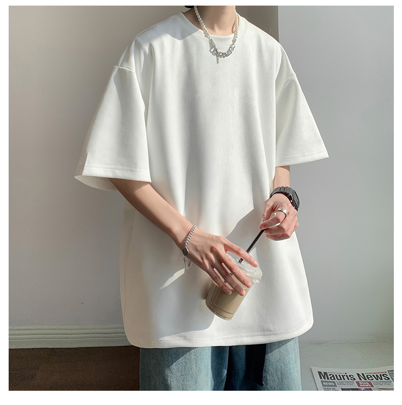 麂皮纯色短袖T恤男2023夏季质感半袖宽松t恤圆领半袖衣服青少年详情8