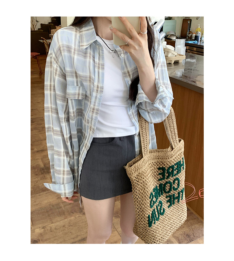 法式设计感小衫蓝色格子防晒衬衫女2024秋季新款女装小清新bm上衣详情10