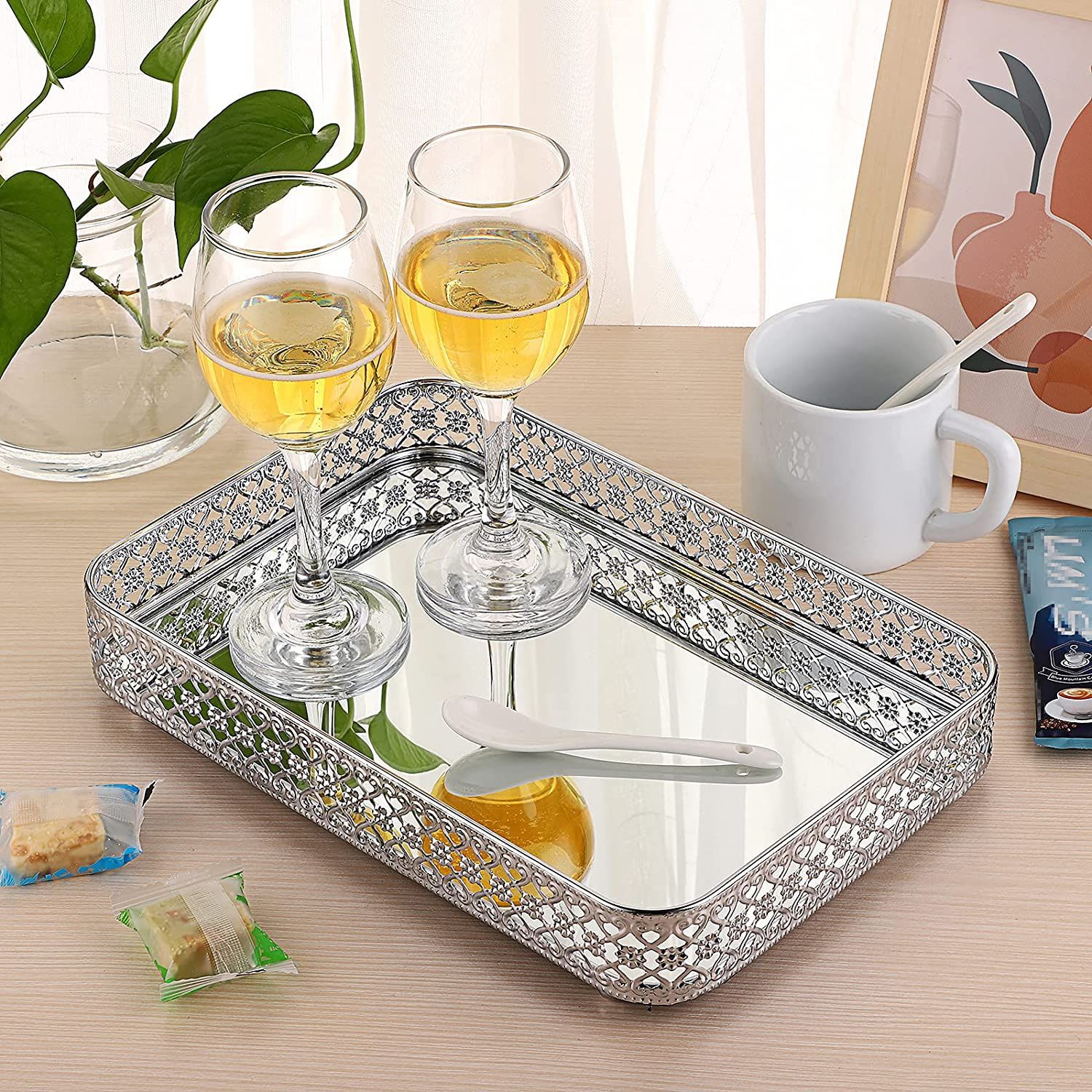 香水镜子托盘化妆梳妆台托盘空心雕刻珠宝饰品存储整理器装饰托盘详情3