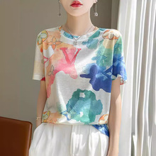 夏季新款仿真丝缎面网纱拼接圆领显瘦短袖T恤上衣女桑蚕丝百搭潮详情29