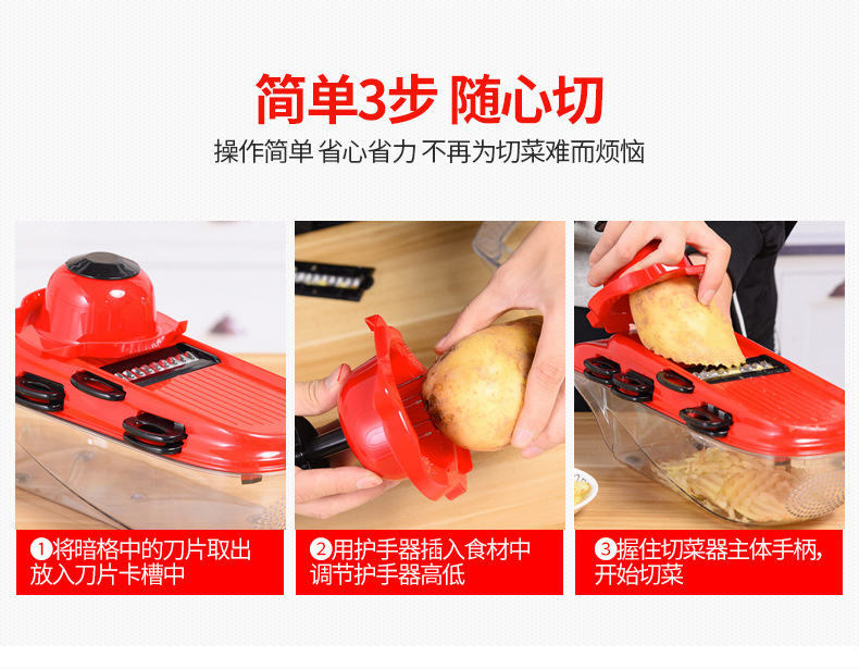 INBODI multi-purpose vegetable cutter, seven-blade creative kitchen tool, draining basket, shredder and slicer pic 11
