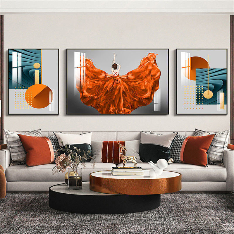 The living room is decorated with a three-panel painting, the bedroom has a sofa background, wall paintings, light luxury room hanging paintings, crystal porcelain paintings, and Nordic murals pic 13