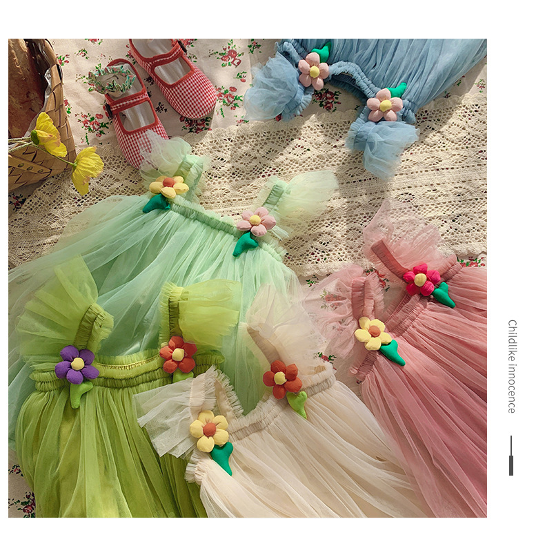 唯美立体花朵网纱女童连衣裙2023夏款飞袖女宝宝蓬蓬裙公主裙子详情17