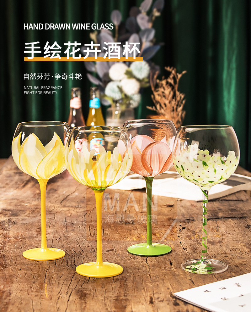 Creative retro hand-painted high-footed glass cups, painted crystal red wine glasses, colorful wine glasses and foreign wine glasses as gifts pic 3