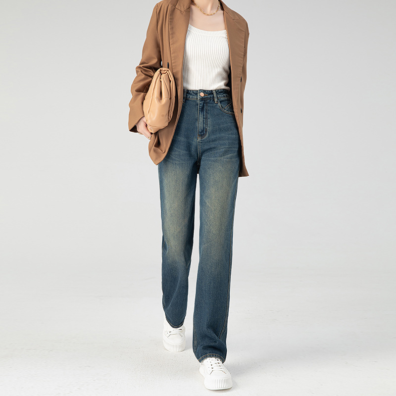 HEY+JEANS高端设计感复古牛仔裤女春秋新款高腰显瘦显高微喇长裤详情3