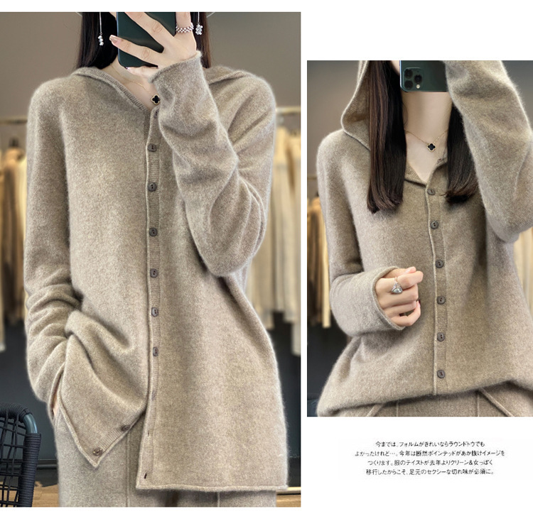 女士连帽100羊毛衫开衫百搭秋冬新款纯色一线成衣潮卫衣针织外套详情16