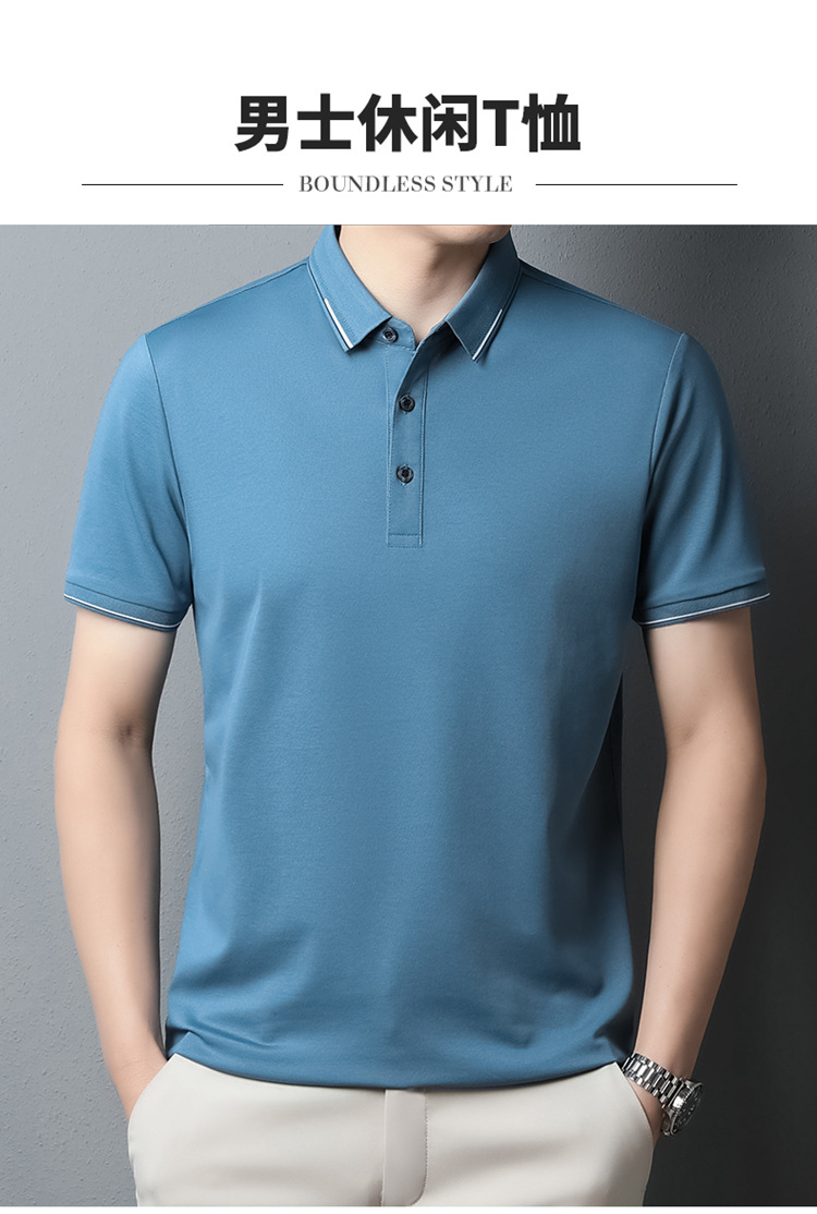 纯色桑蚕丝男士短袖t恤外贸夏季2023新款潮流高级感男装翻领上衣详情1