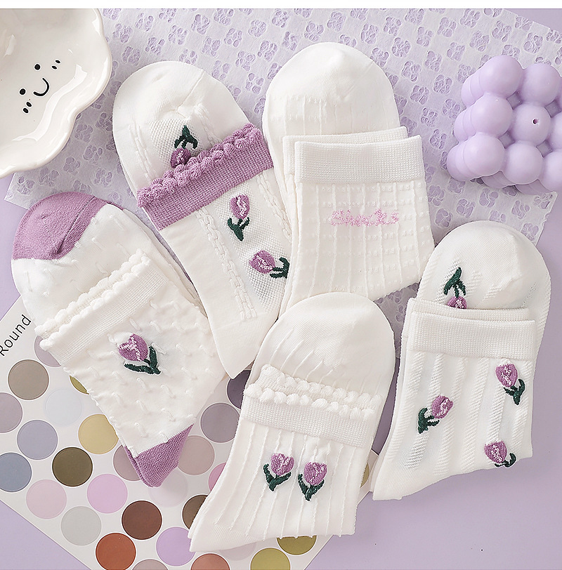 郁金香袜子女秋冬季中筒袜百搭甜美ins潮学院风女袜可爱长袜批发详情4