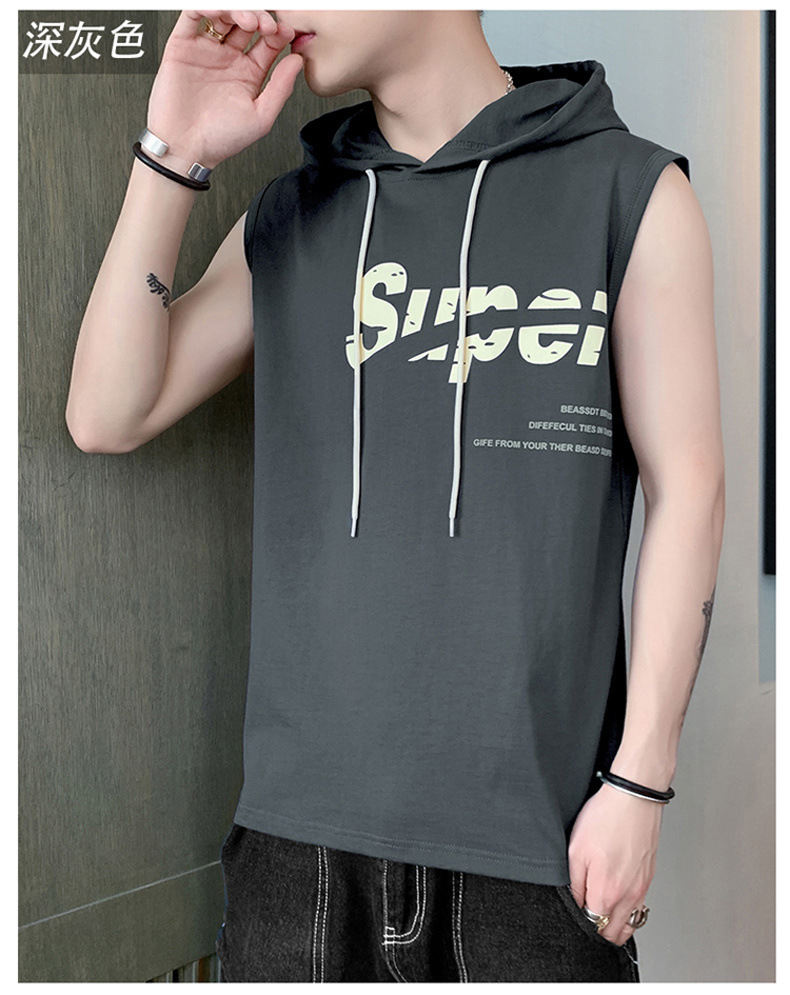 【一件代发】2023夏季新款男士连帽无袖背心韩版纯棉经典百搭坎肩详情13