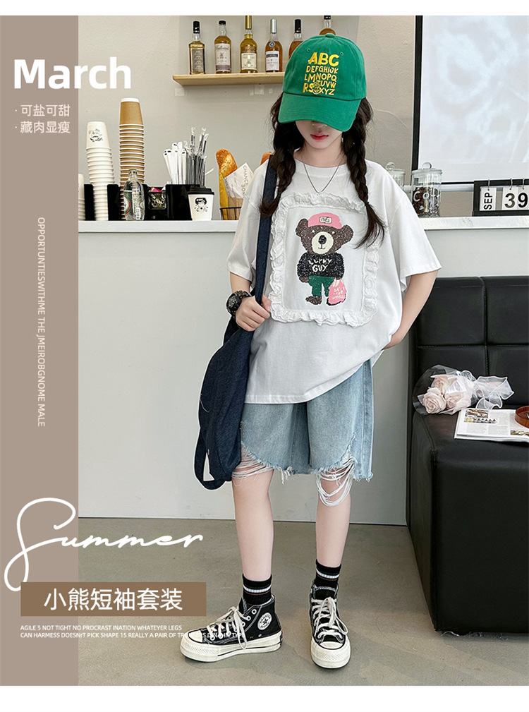 女童夏装短袖T恤2024年新款中大童夏款洋气流行爆款卡通小熊上衣详情1