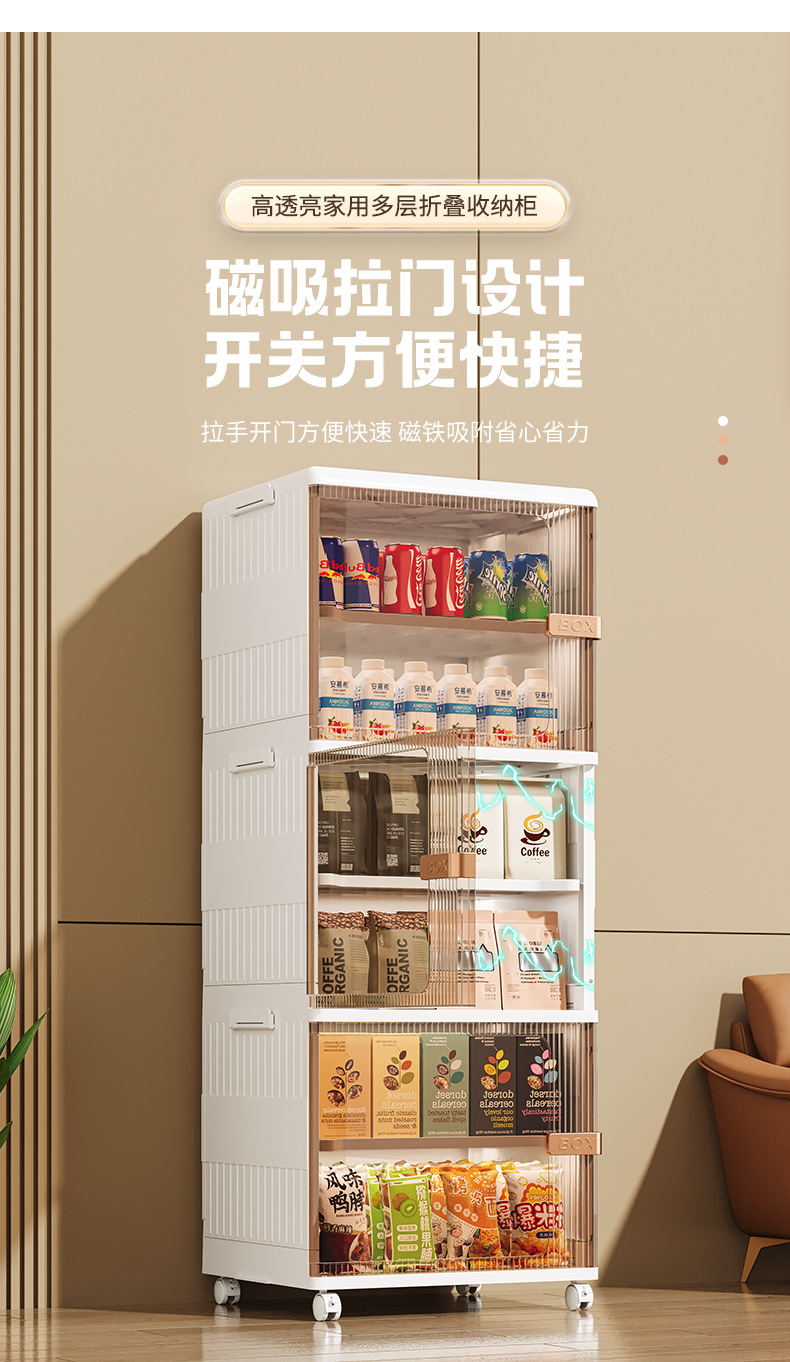 超大号客厅零食饮料收纳箱带轮可移动储物柜侧开门透明折叠收纳柜0414详情8