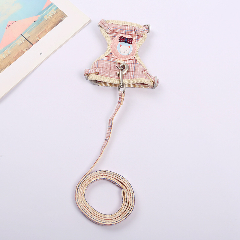 Wholesale of cartoon cute cat I-shaped chest and back straps, durable pet leashes, pure cotton webbing cat chains pic 13