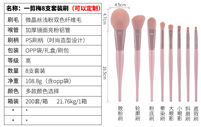 Matte pink 8-piece makeup brush set, loose powder blush brush, storage beauty tools, complete set of soft-bristled makeup brushes pic 3