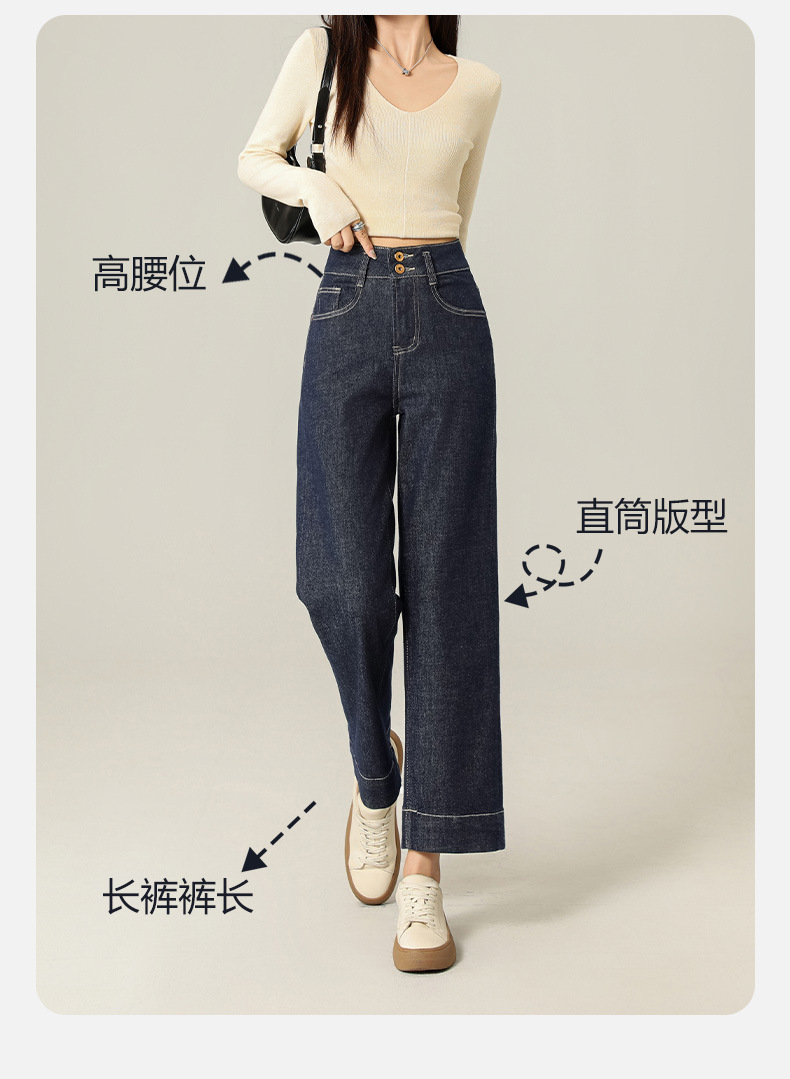 Anti-fading stretch denim natural-color jeans for women in autumn with a button-down design, high-waisted, petite straight-leg 9-inch pants pic 2