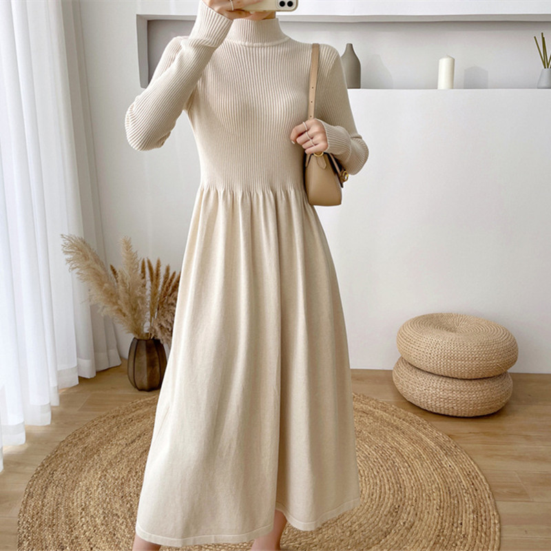 Semi-high neck mid-length elegant woolen dress, new autumn/Winter 2024 Korean-style long-sleeved base knitted dress for women pic 39