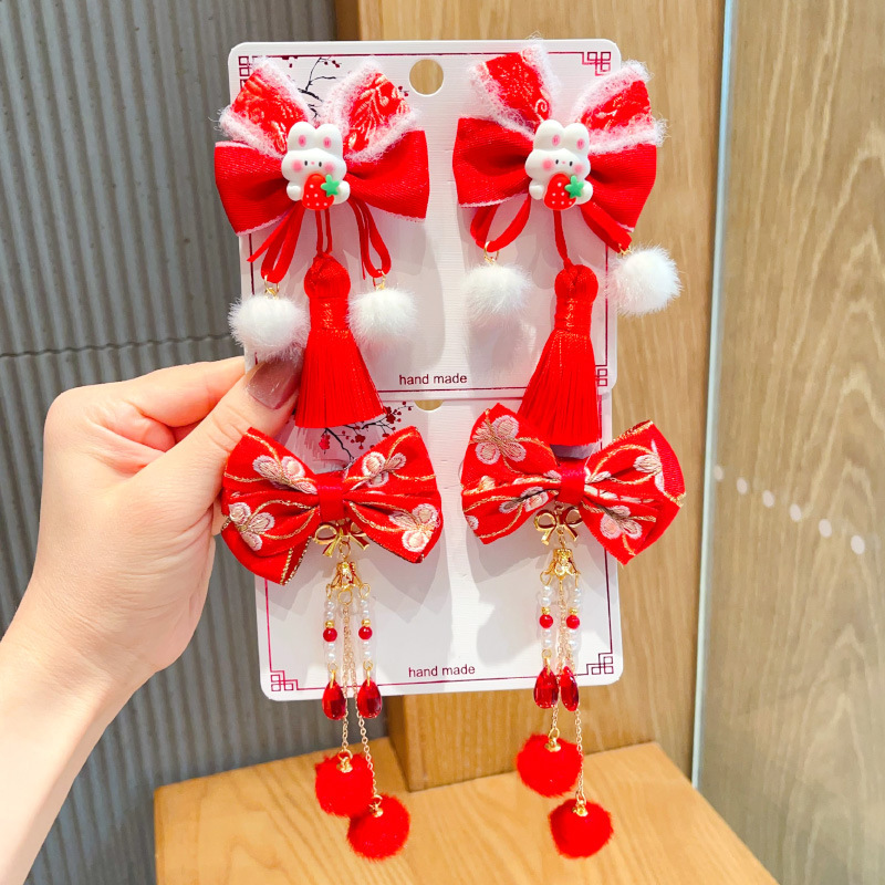 新年款红色古风流苏发夹儿童汉服发卡头饰女童复古蝴蝶结发夹发饰详情29