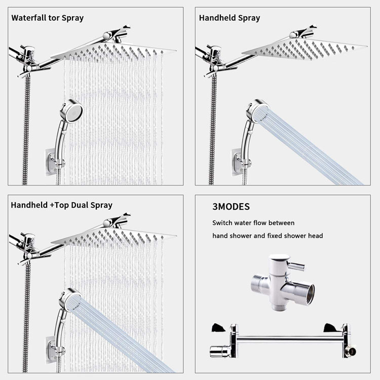 Foreign trade European and American stainless steel shower head set, 3-function handheld showerhead, 10-inch top shower head arm set pic 4