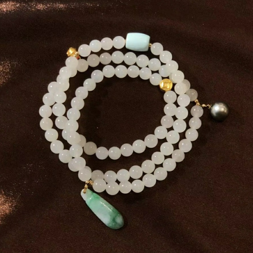 999 999 999 999 999 999 pure gold bell gold coin, natural Hetian jade, three-circle bracelet, jade black pearl, 18K gold diy for women pic 16
