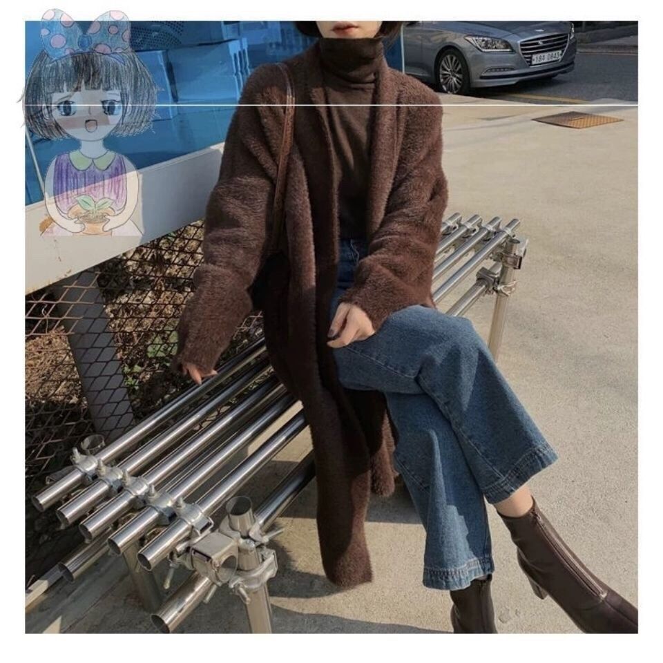 2023 Spring and Autumn laid-back and loose, knee-length, thickened, pure imitation mink fleece knitted sweater cardigan for women pic 55