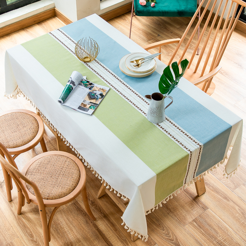 Cross-border Japanese color-blocking and color-blocking embroidered tassel tablecloths, kitchen, dining room, party, family table cover decoration, cotton and linen pic 2