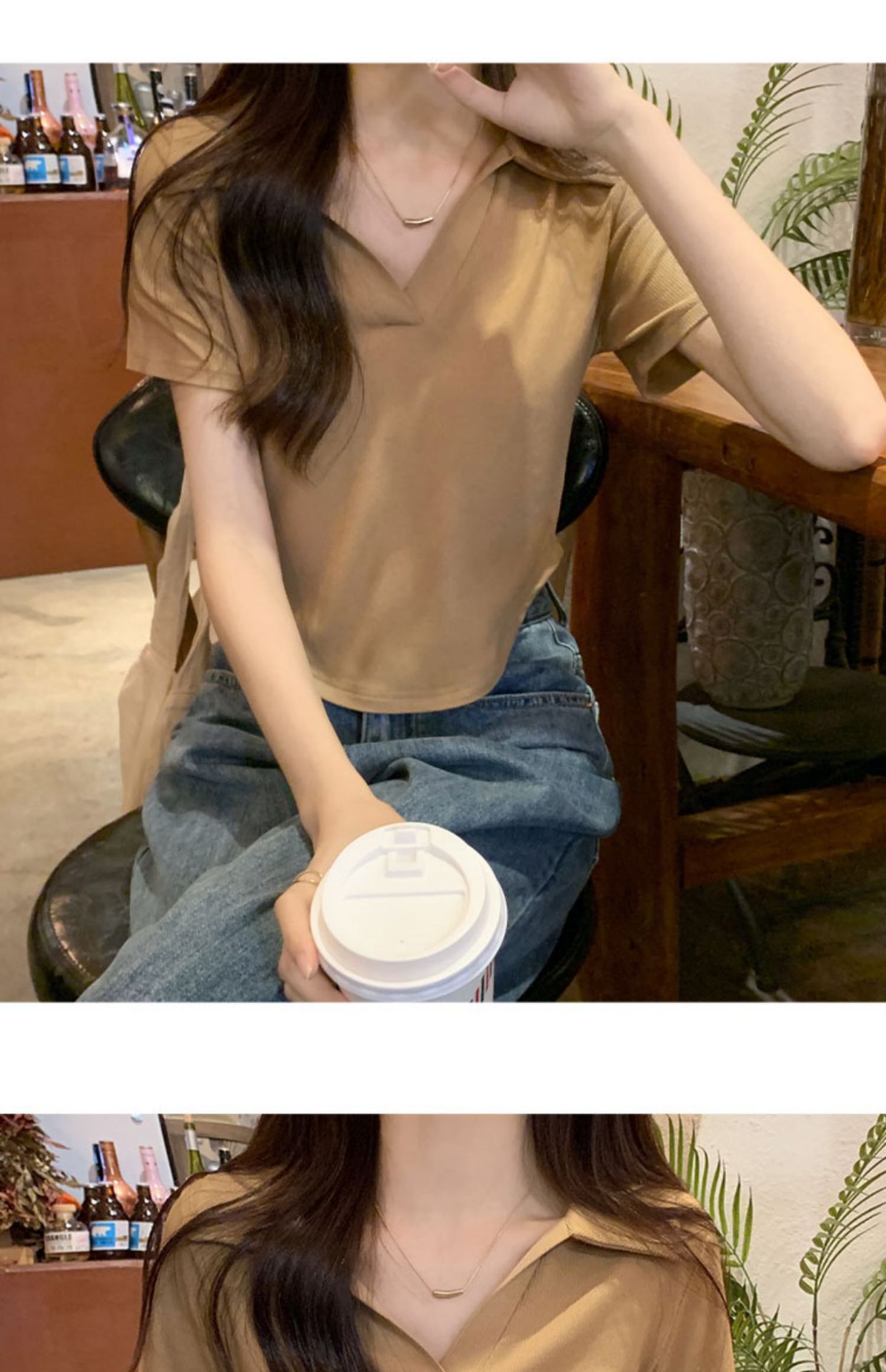 Irregular Polo collar short-sleeved shoulder T-shirt for women, with a unique and pure design sense, tight-fitting innerwear and base layer top pic 15
