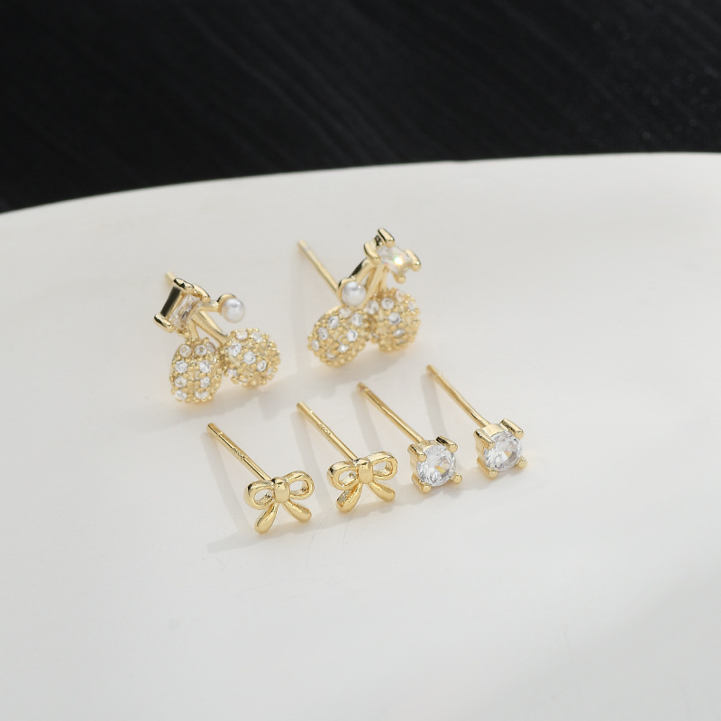 S925银针一卡三对套装耳钉女睡觉不用摘樱桃蝴蝶结耳饰品学生耳坠详情4