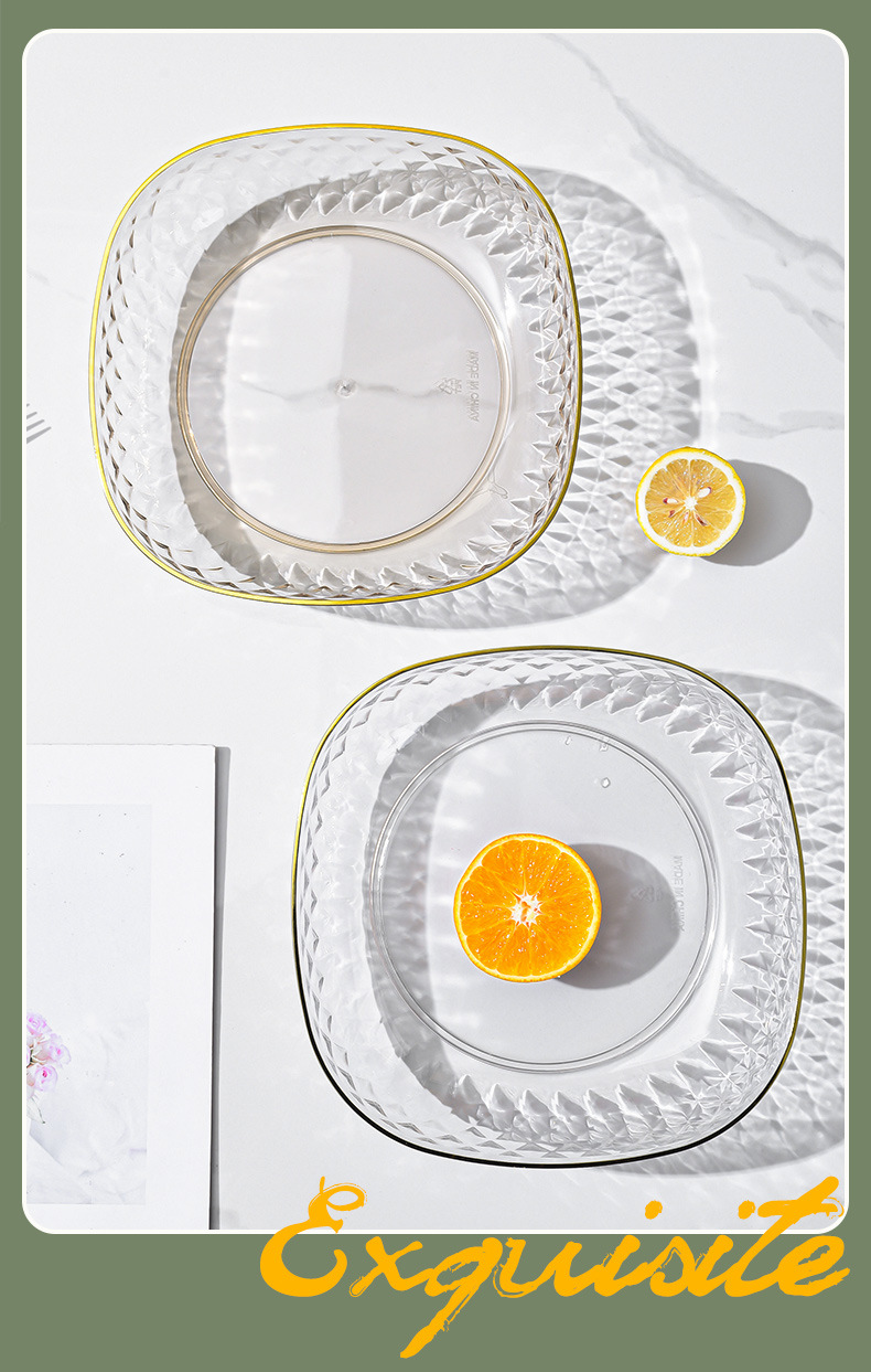 Light luxury style PET fruit plate, transparent round fruit plate, home living room snack and dried fruit plate, gold-rimmed storage plate pic 6