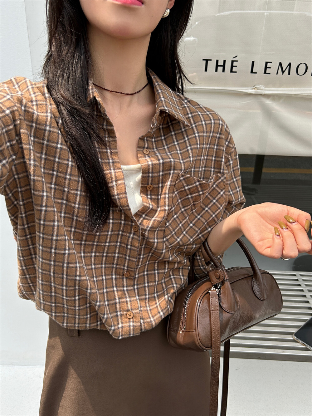 THE LEMON柠檬绿茶设计感宽松显瘦休闲ins假两件格纹衬衫女秋季详情8