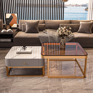 Light luxury and simple glass bright coffee table, square-sized combination, extendable coffee table, Italian-style small apartment rock plate tea table pic 3