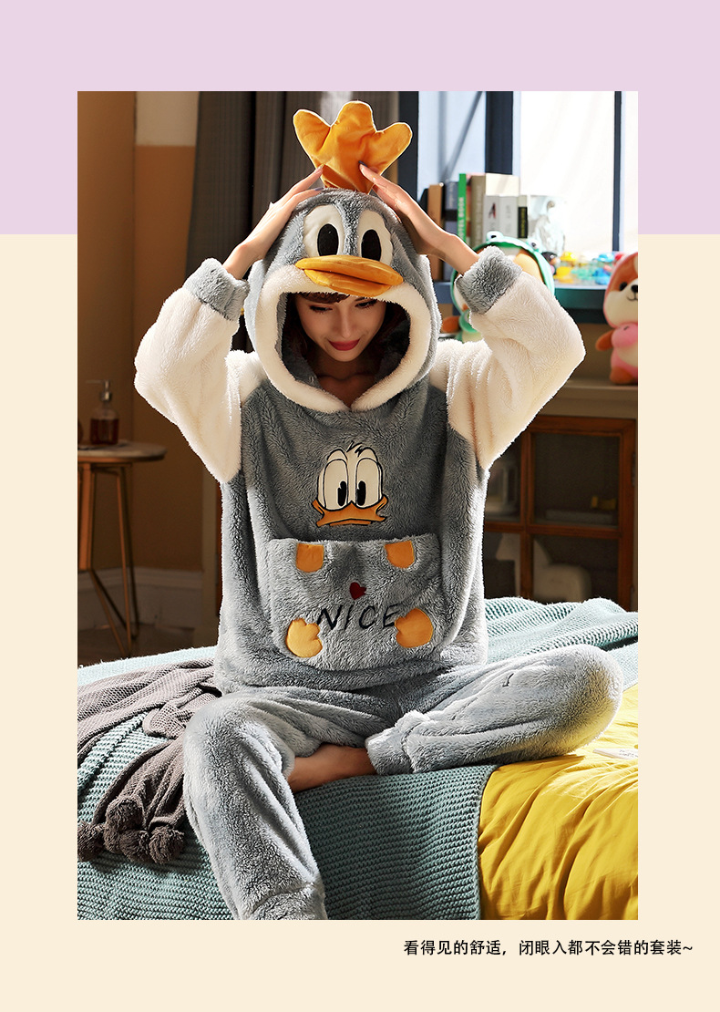 长毛绒冬季卡通情侣加厚加绒睡衣女帽子外穿法兰绒套装男士家居服详情59