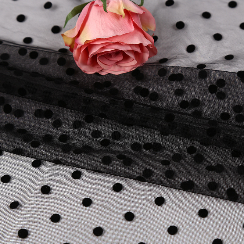 Polka dot flocking fabric, black dot flocking mesh fabric, flocking manufacturer, Taiwanese version flocking polka dot net pic 3