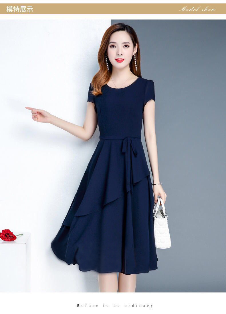 2020新款夏季高端收腰显瘦减龄气质中长款圆领大码女装连衣裙外贸详情7