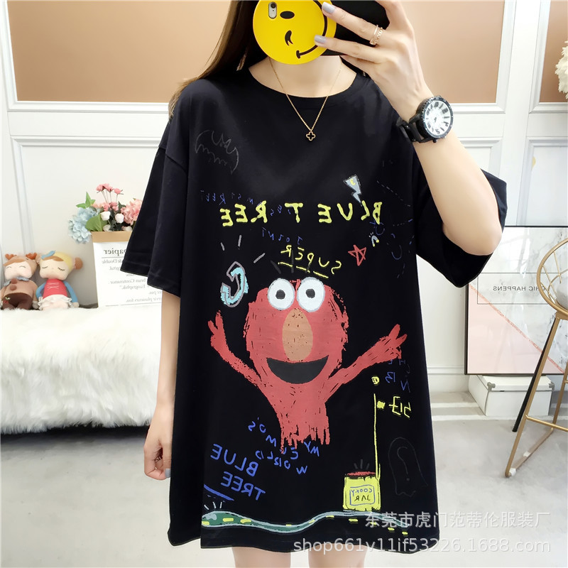 短袖T恤女2023夏季新款韩版宽松大码女士中长款时尚印花地摊批发详情3