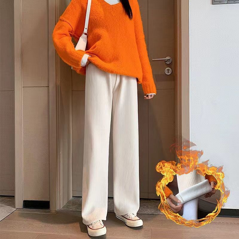 Resistente chenille pantalones de pierna ancha mujer peluche y engrosado otoño invierno nuevo 2021 cintura alta sensación de caída holgada color sólido pantalones rectos pic 2