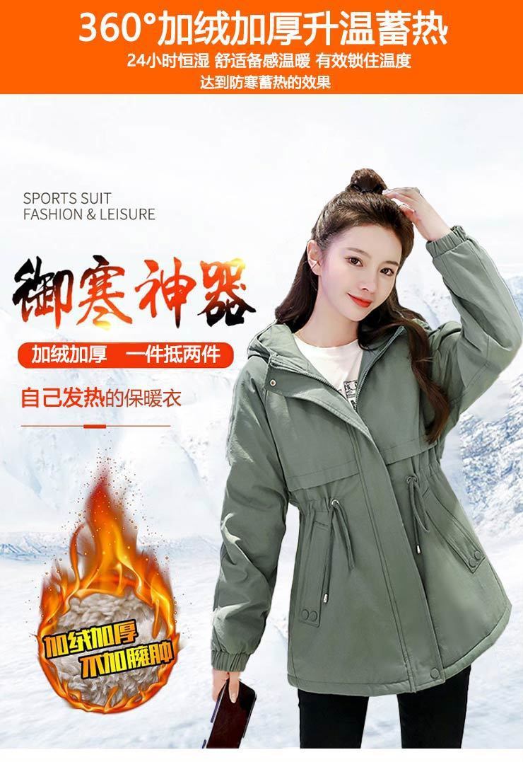 加绒加厚中长款风衣女2022新款韩版百搭小个子宽松连帽棉服外套女详情2