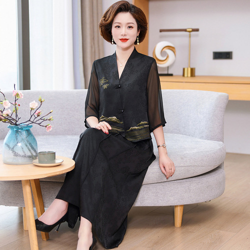 中年妈妈夏装棉麻套装洋气2024新款中老年女夏季短袖衬衫上衣薄款详情20