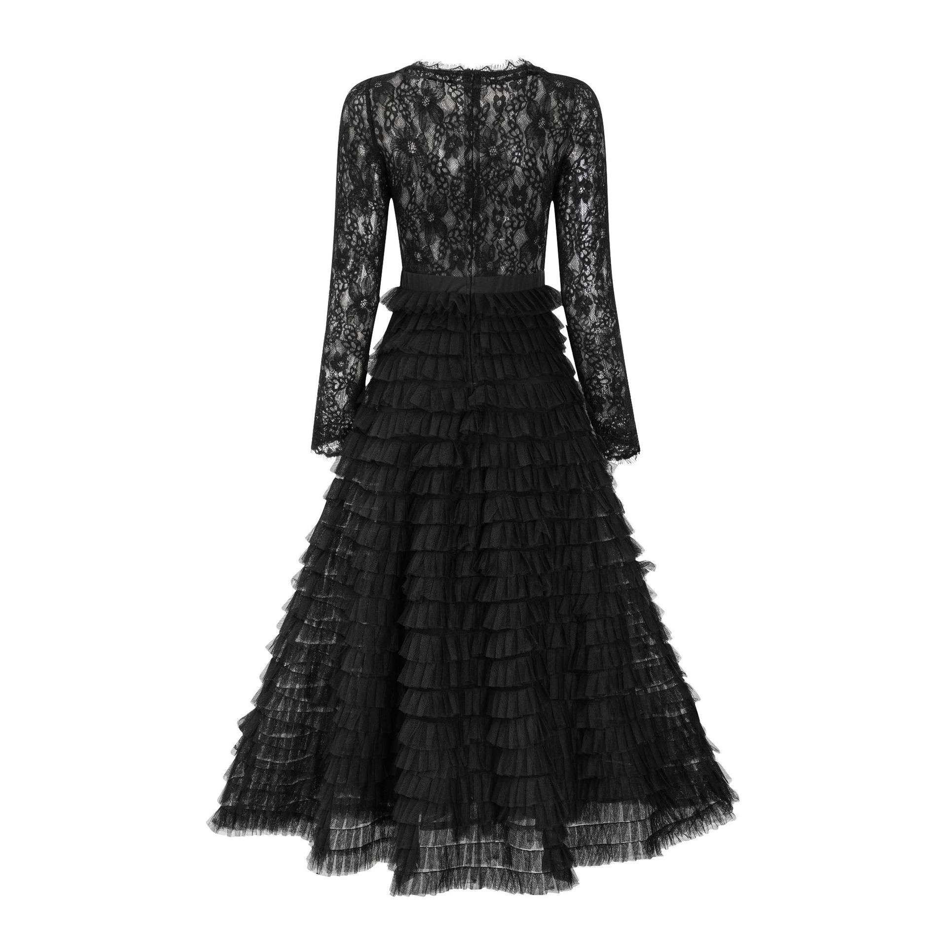 新品现货镂空蕾丝礼服裙 纯色气质优雅宴会连衣裙长袖跨境A字裙详情9